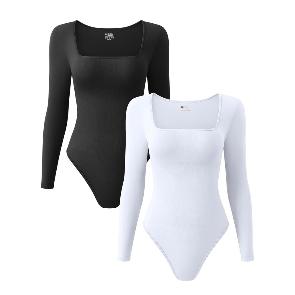 2 Piece Ribbed One Piece Long Sleeve square Neck Bodysuits White and Black Med